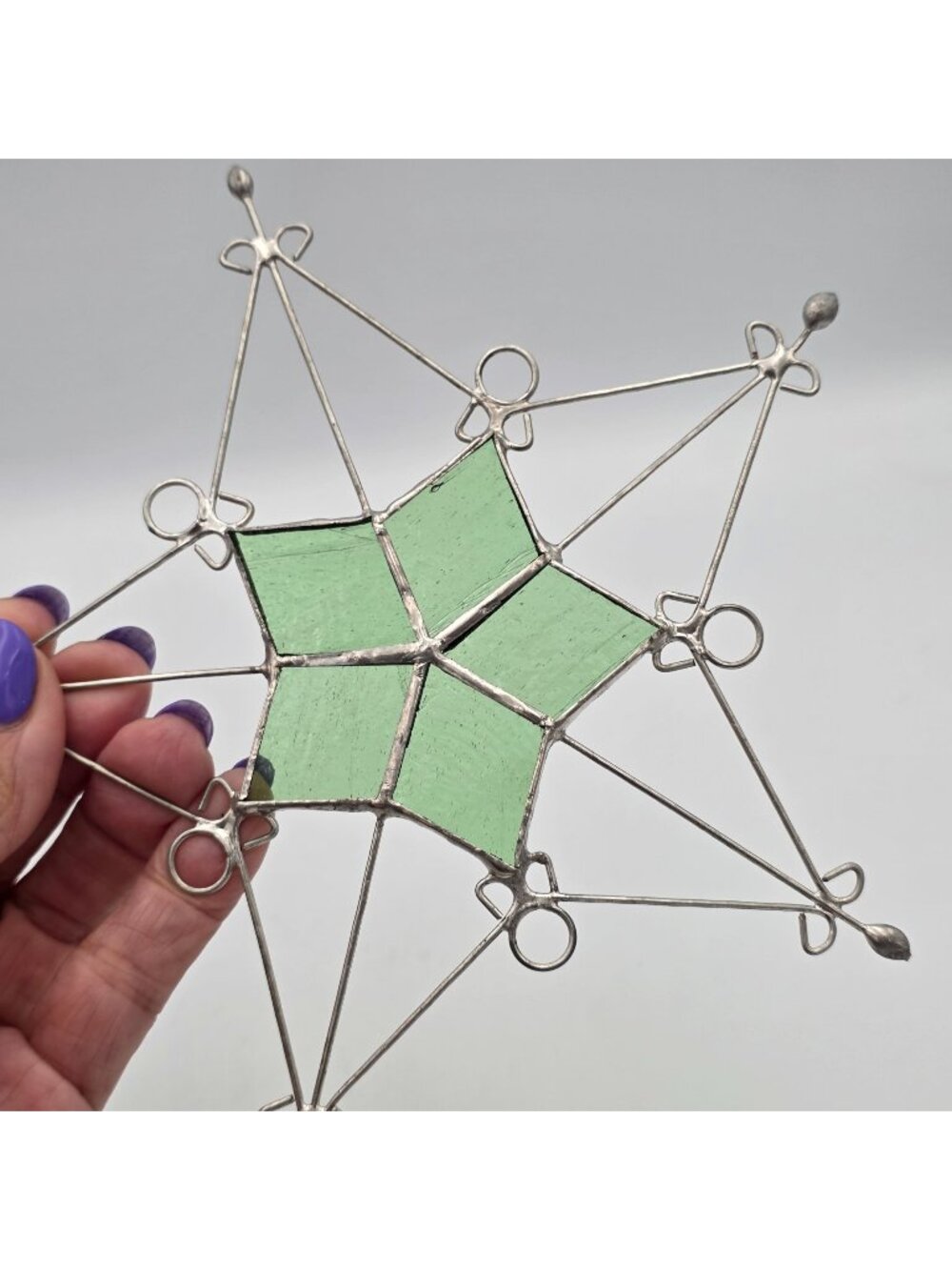 Stained Glass Star Ornament With Green Center & Metal Frame Sun Catcher 6.75"